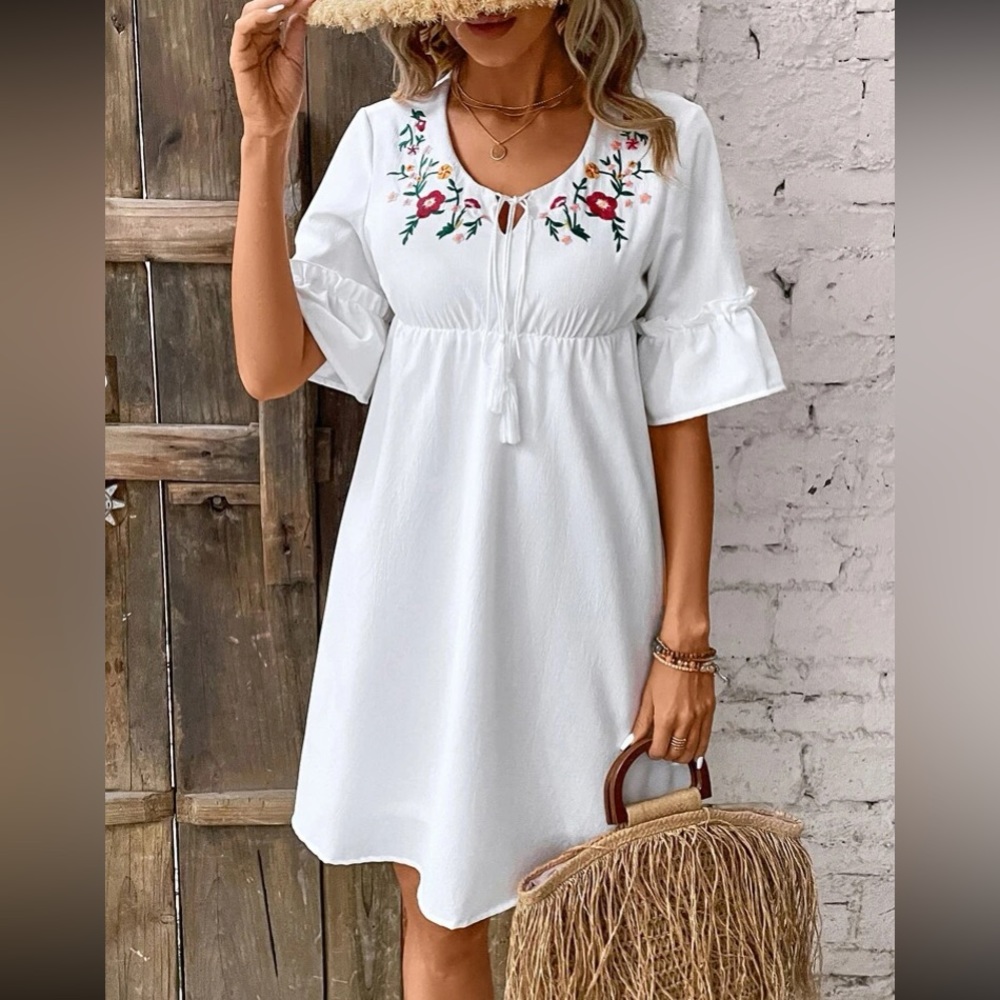 Boho flounce sleeve knot front mini dress